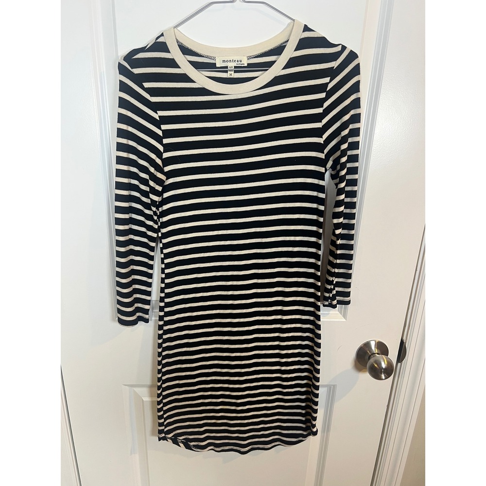 Monteau Womens T-Shirt Dress Striped Ribbed Knit Long Sleeve Black Cream Size M